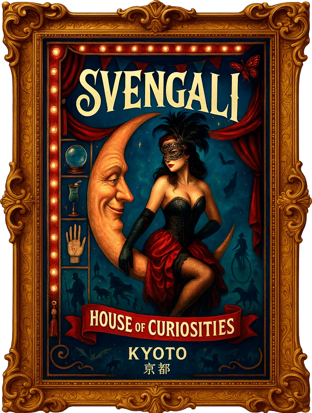 Svengali theater poster showing mysterious masked performers in ornate frame